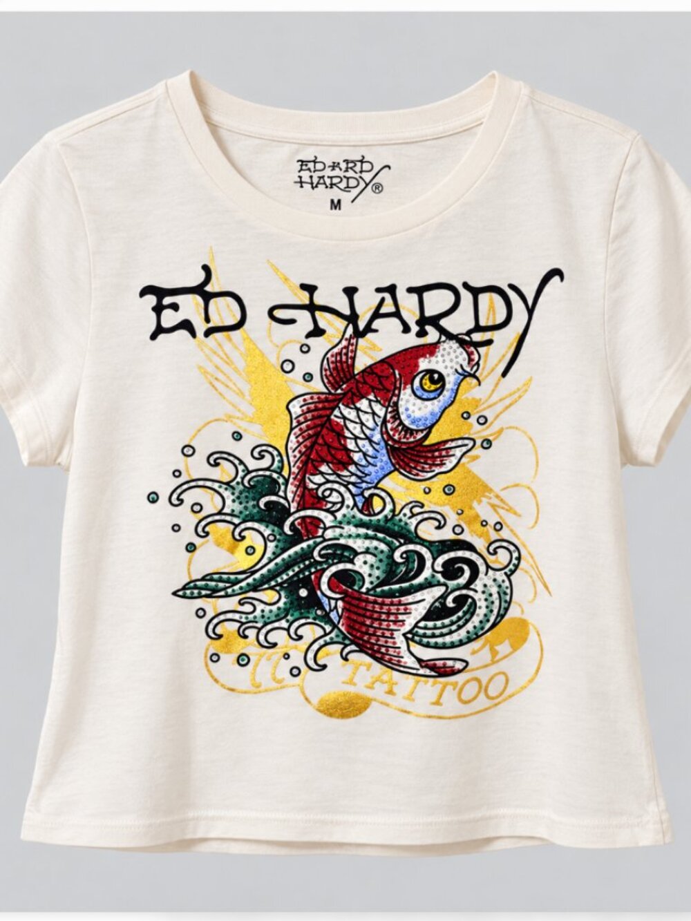 Ed Hardy Rhinestone Koi Fish Graphic Baby Tee Cream Size M NWT Y2K
